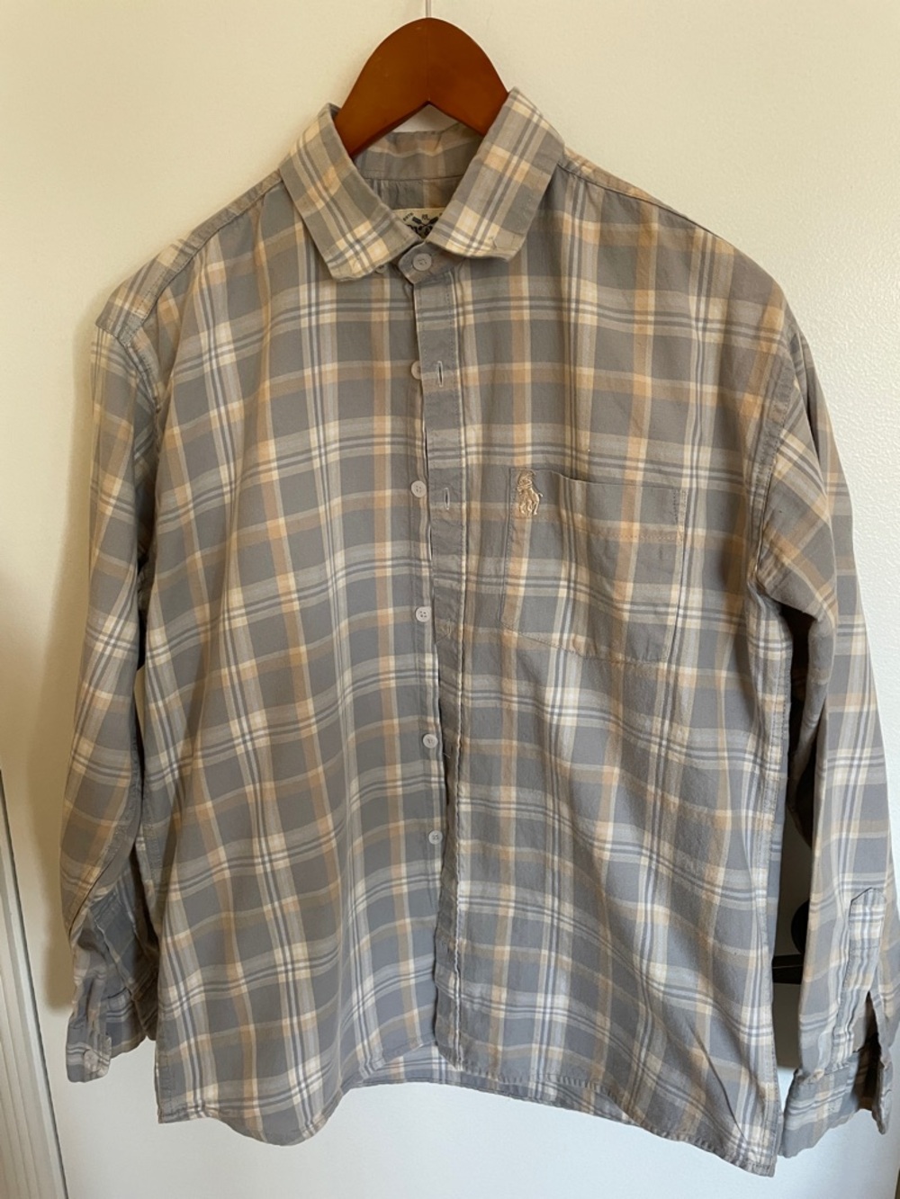 Vintage Ralph Lauren Men's Plaid Button-Down Shirt in Gray and Tan PTP 22”
